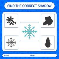 Find the correct shadows game with snowflake. worksheet for preschool kids, kids activity sheet vector