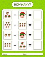 How many counting game with elf. worksheet for preschool kids, kids activity sheet vector