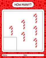 How many counting game with candy cane. worksheet for preschool kids, kids activity sheet vector