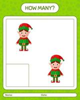 How many counting game with elf. worksheet for preschool kids, kids activity sheet vector