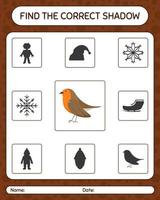 Find the correct shadows game with robin bird. worksheet for preschool kids, kids activity sheet vector