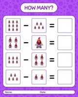 How many counting game with gnome. worksheet for preschool kids, kids activity sheet vector