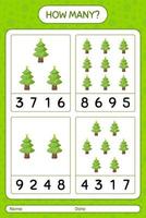 How many counting game with christmas tree. worksheet for preschool kids, kids activity sheet vector