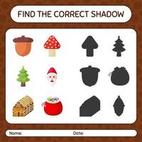 encuentra el juego de sombras correcto con el icono de navidad. hoja de trabajo para niños en edad preescolar, hoja de actividades para niños vector