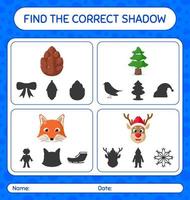 Find the correct shadows game with christmas icon. worksheet for preschool kids, kids activity sheet vector