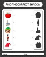 Find the correct shadows game with christmas icon. worksheet for preschool kids, kids activity sheet vector