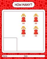 How many counting game with doll. worksheet for preschool kids, kids activity sheet vector