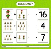 How many counting game with elf. worksheet for preschool kids, kids activity sheet vector