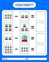 How many counting game with glass snow ball. worksheet for preschool kids, kids activity sheet vector