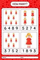 How many counting game with doll. worksheet for preschool kids, kids activity sheet vector