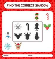 encuentra el juego de sombras correcto con el icono de navidad. hoja de trabajo para niños en edad preescolar, hoja de actividades para niños vector