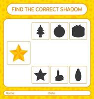 Find the correct shadows game with christmas ornament. worksheet for preschool kids, kids activity sheet vector