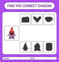 encuentra el juego de sombras correcto con gnome. hoja de trabajo para niños en edad preescolar, hoja de actividades para niños vector