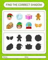 encuentra el juego de sombras correcto con el icono de navidad. hoja de trabajo para niños en edad preescolar, hoja de actividades para niños vector