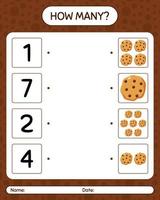 How many counting game with cookie. worksheet for preschool kids, kids activity sheet vector