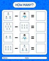 How many counting game with snowman. worksheet for preschool kids, kids activity sheet vector