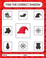 Find the correct shadows game with santa hat. worksheet for preschool kids, kids activity sheet vector