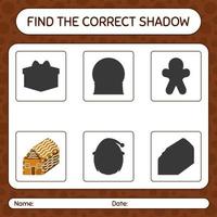 encuentra el juego de sombras correcto con galleta de jengibre. hoja de trabajo para niños en edad preescolar, hoja de actividades para niños vector