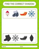 encuentra el juego de sombras correcto con el icono de navidad. hoja de trabajo para niños en edad preescolar, hoja de actividades para niños vector