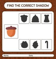 Find the correct shadows game with acorn. worksheet for preschool kids, kids activity sheet vector