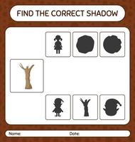 encuentra el juego de sombras correcto con el árbol muerto. hoja de trabajo para niños en edad preescolar, hoja de actividades para niños vector