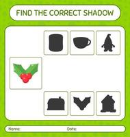 Find the correct shadows game with holly berry. worksheet for preschool kids, kids activity sheet vector