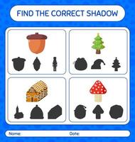 Find the correct shadows game with christmas icon. worksheet for preschool kids, kids activity sheet vector