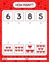 How many counting game with ribbon. worksheet for preschool kids, kids activity sheet vector