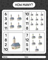 How many counting game with church. worksheet for preschool kids, kids activity sheet vector