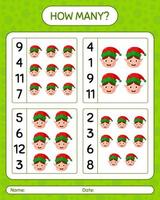 How many counting game with elf. worksheet for preschool kids, kids activity sheet vector