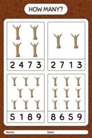 How many counting game with dead tree. worksheet for preschool kids, kids activity sheet vector