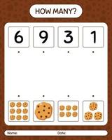 How many counting game with cookie. worksheet for preschool kids, kids activity sheet vector