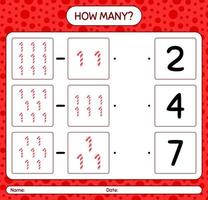 How many counting game with candy cane. worksheet for preschool kids, kids activity sheet vector