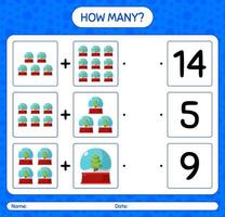 How many counting game with glass snow ball. worksheet for preschool kids, kids activity sheet vector