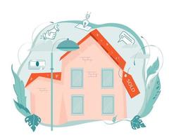 Real Estate concept - house or cottage building with Sold badge. Housing sale and property marketing banner background. Flat vector illustration isolated.