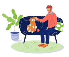 Man resting at home on sofa and enjoying communication with his pet. Leisure and recreation, relaxation and comfortable domestic lifestyle concept. Flat cartoon vector illustration isolated.