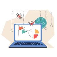 Laptop with analytics charts and data graphs. Business analysis accounting and statistics emblem, flat vector illustration isolated on white background.