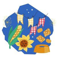 Festa Junina brazilian holiday and folklore festival decorative label or emblem design with holiday treats. Festa junina card or party poster element, flat vector illustration isolated on white.