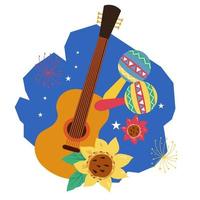 Festa Junina festival decorative label with guitar. Festa junina greeting card or party poster element, flat vector illustration isolated on white background.