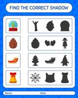 encuentra el juego de sombras correcto con el icono de navidad. hoja de trabajo para niños en edad preescolar, hoja de actividades para niños vector