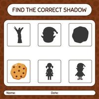 Find the correct shadows game with cookie. worksheet for preschool kids, kids activity sheet vector