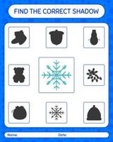 Find the correct shadows game with snowflake. worksheet for preschool kids, kids activity sheet vector