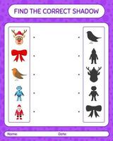Find the correct shadows game with christmas icon. worksheet for preschool kids, kids activity sheet vector