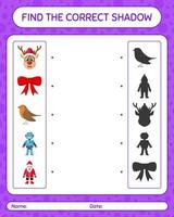 Find the correct shadows game with christmas icon. worksheet for preschool kids, kids activity sheet vector