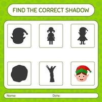 encuentra el juego de sombras correcto con elf. hoja de trabajo para niños en edad preescolar, hoja de actividades para niños vector