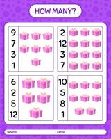 How many counting game with gift box. worksheet for preschool kids, kids activity sheet vector