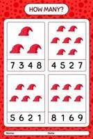 How many counting game with santa hat. worksheet for preschool kids, kids activity sheet vector