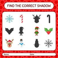 encuentra el juego de sombras correcto con el icono de navidad. hoja de trabajo para niños en edad preescolar, hoja de actividades para niños vector