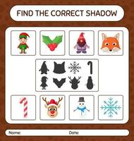 encuentra el juego de sombras correcto con el icono de navidad. hoja de trabajo para niños en edad preescolar, hoja de actividades para niños vector