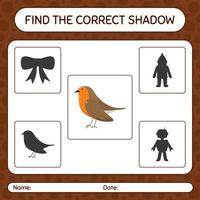 encuentra el juego de sombras correcto con robin bird. hoja de trabajo para niños en edad preescolar, hoja de actividades para niños vector